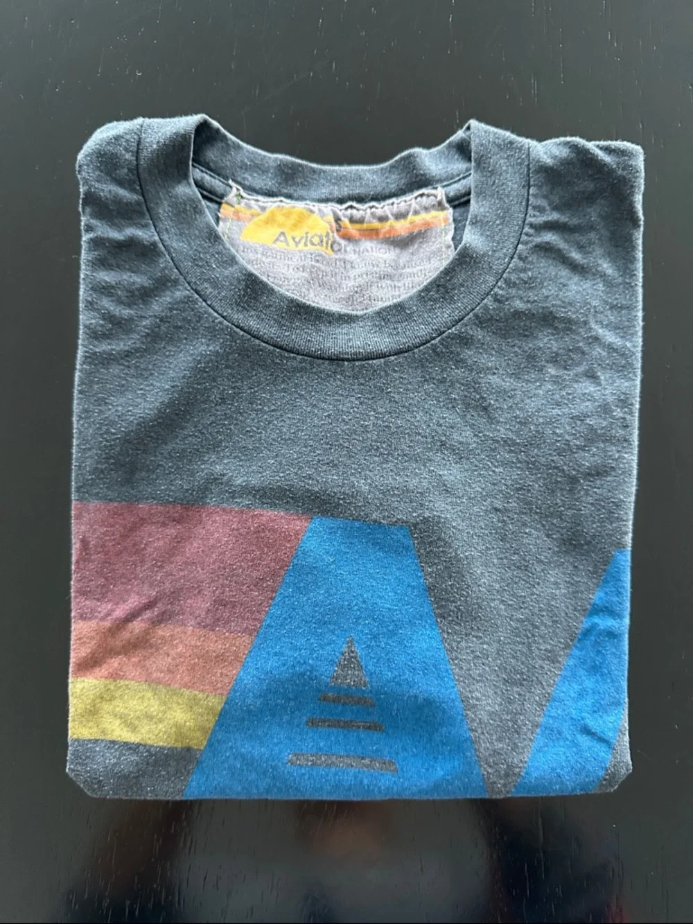 Aviator Nation Gray Vintage Wash T-Shirt with Blue Logo and Red/Yellow Stripe - Picture 4 of 4